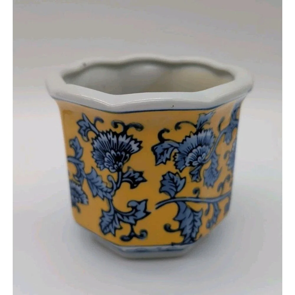 Vtg Chinese Yellow & Blue Floral Planter Octagonal Small